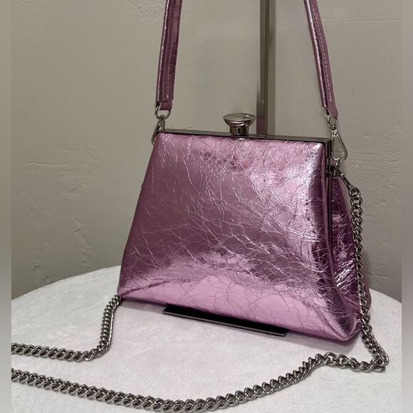 Metallic Pink Genuine Leather Handmade Push Lock Box Bag, Multi Use Style - Picture 1 of 15